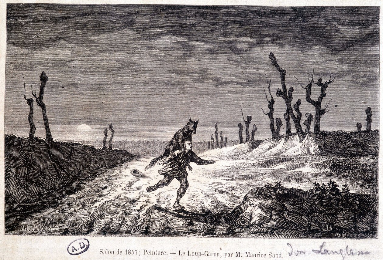 Wilkołak (wilkołak) atakujący człowieka - z ap. obraz Maurice Sand wystawiony na Salonie w 1857 roku. autorstwa Baron Dudevant Jean Francois Maurice (after) Sand
