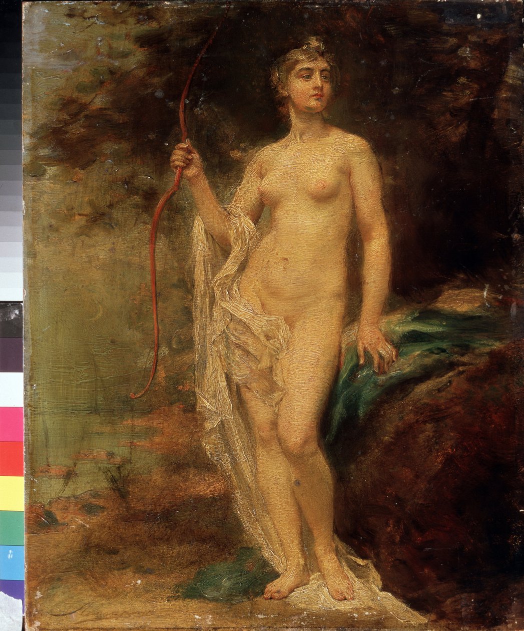 Diana (Diana). Naga bogini trzyma łuk z wyniosłą twarzą nad rzeką w lesie. Obraz Ernesta Karlovicha Lipharta (1847-1932), olej na płótnie. Sztuka rosyjska autorstwa Baron Ernest Friedrich von Liphart