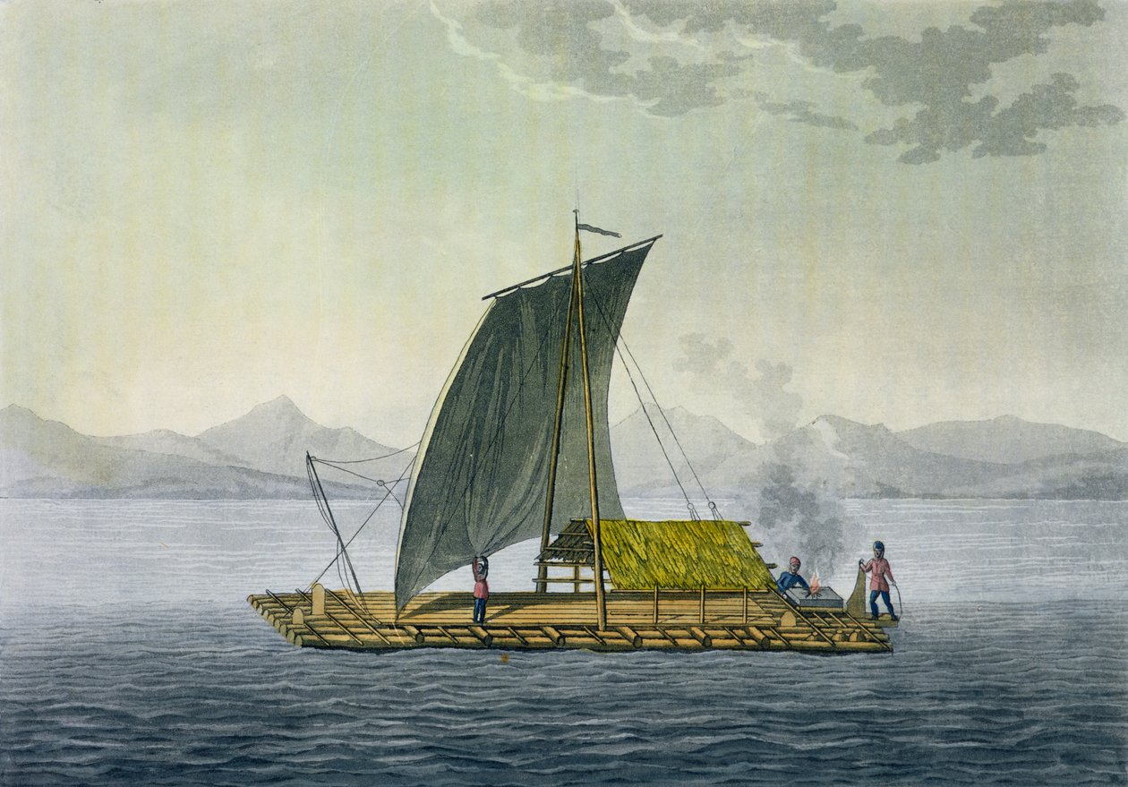 Tratwa opuszczająca port Guayaquil w Ekwadorze z „Le Costume Ancien et Moderne”, tom II, płyta 9, autorstwa Julesa Ferrario, ryty przez Paolo Fumagallego, wydana ok. 1820-30 autorstwa Baron Friedrich Alexander von Humboldt