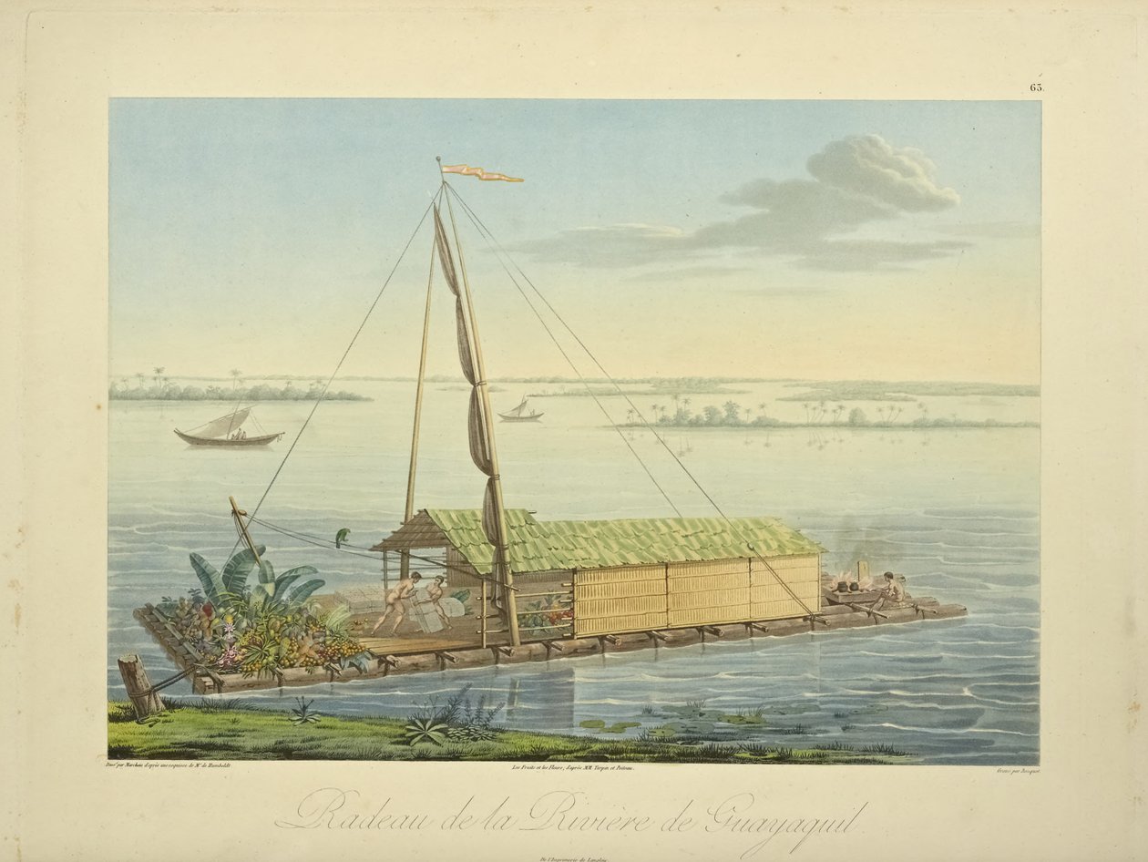 Tratwa na rzece Guayaquil, rysowana przez Marchais, rytowana przez Bouquet, ilustracja z „Widoki Kordylierów i Pomników Native Peoples of America” autorstwa Alexandra von Humboldta i Aime Bonpland, 1813 autorstwa Baron Friedrich Alexander von Humboldt