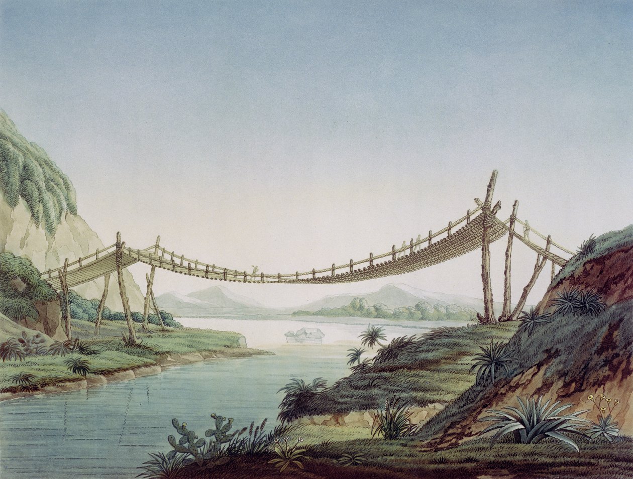 Most linowy w pobliżu Penipe, przecinający rzekę Chambo, Meksyk, 1810 autorstwa Baron Friedrich Alexander von Humboldt