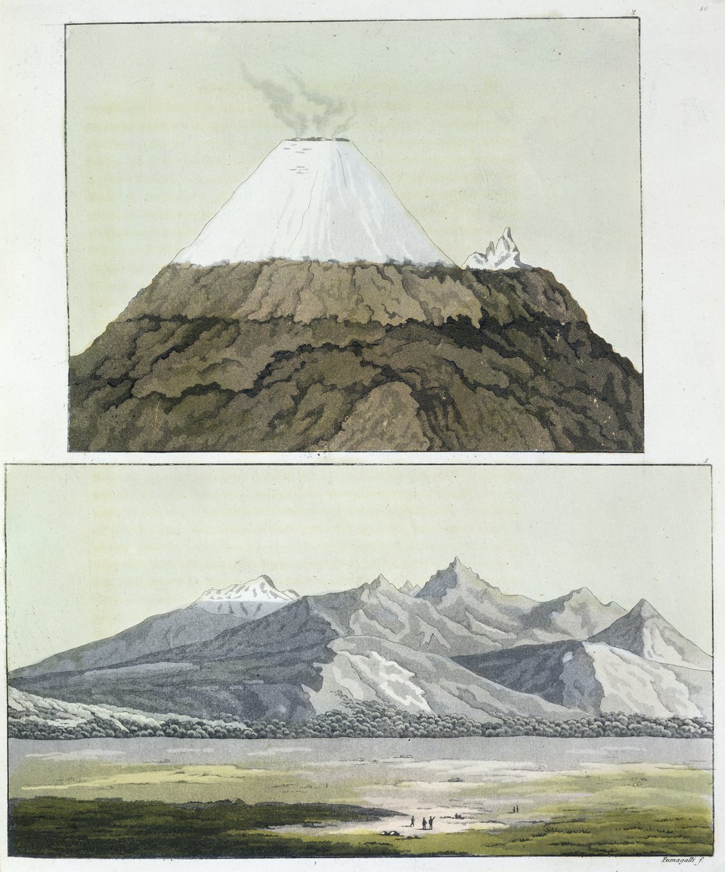 Szczyt Cotopaxi (na górze) i erupcja Cotopaxi, 1803 (na dole), z „Le Costume Ancien et Moderne”, tom I, autorstwa Julesa Ferrario, opublikowany w latach 20.–30. XIX wieku autorstwa Baron Friedrich Alexander von Humboldt