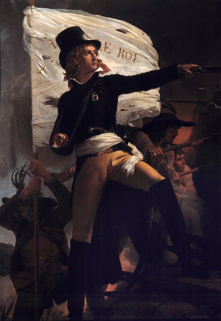 Portret en pied de Henri Duverger, Comte de La Rochejaquelein (lub Orchard de La Rochejacquelein) (1772-1794) generał sprzedawany z flagą live le roi”” (na piersi insygnia Vendees)”” (Wars of Vendee) Malarstwo autor: Pierre Narcisse (Pierre-Narcisse) G autorstwa Baron Pierre Narcisse Guerin