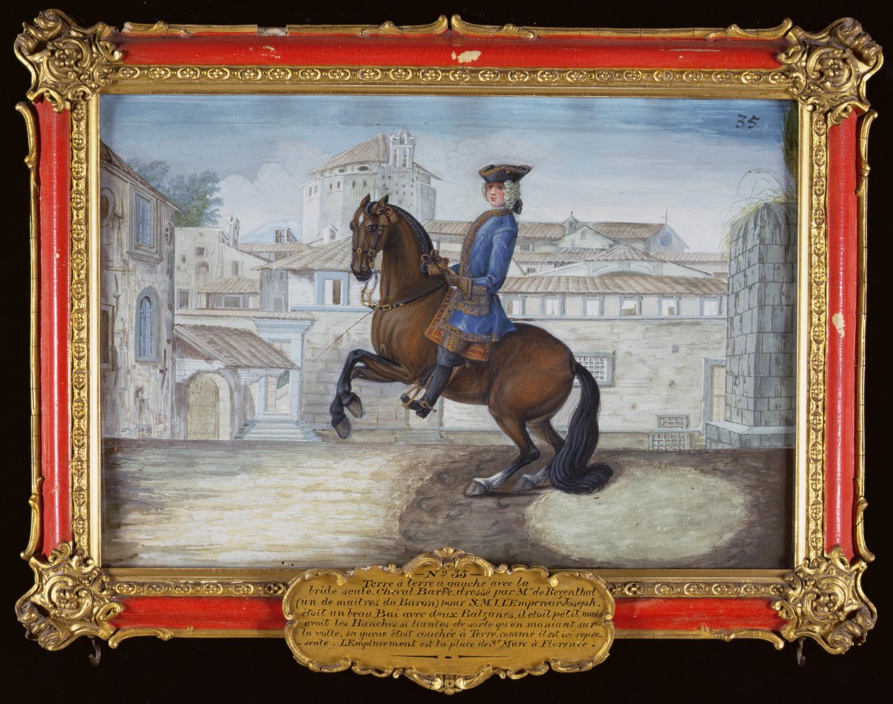 nr 35 Gniady Barbary z Hiszpańskiej Szkoły Jeździeckiej wykonujący ruch ujeżdżeniowy na Placu św. Marka we Florencji (wc na papierze) autorstwa Baron Reis Eisenberg