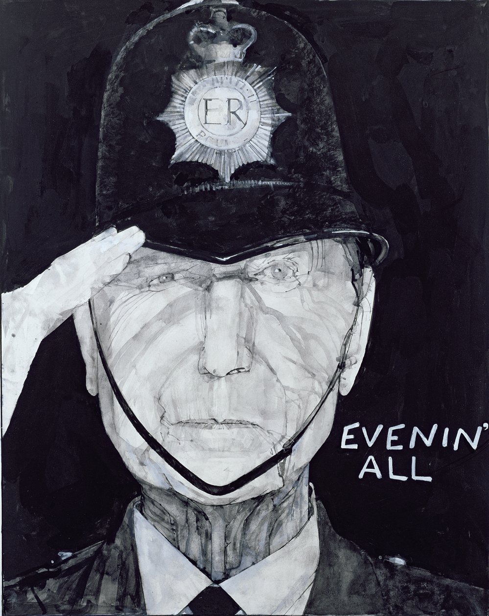 Portret Jacka Warnera jako Dixon z Dock Green, ilustracja do The Listener, lata 70. (gwasz na pokładzie) autorstwa Barry Fantoni