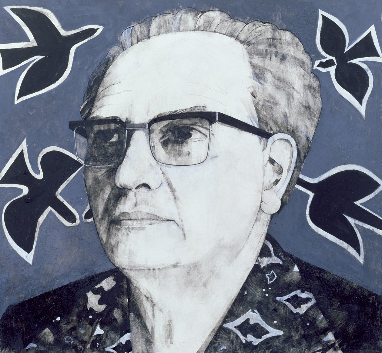 Portret Oliviera Messiaena, ilustracja do The Sunday Times, lata 70. (na pokładzie gwasz) autorstwa Barry Fantoni