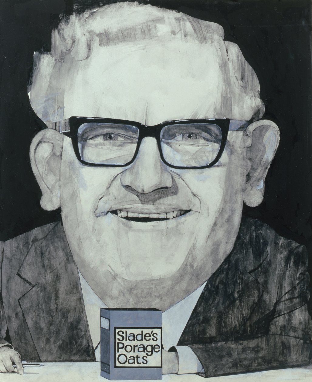 Portret Ronniego Barkera, ilustracja do The Listener, lata 70. (na pokładzie gwasz) autorstwa Barry Fantoni