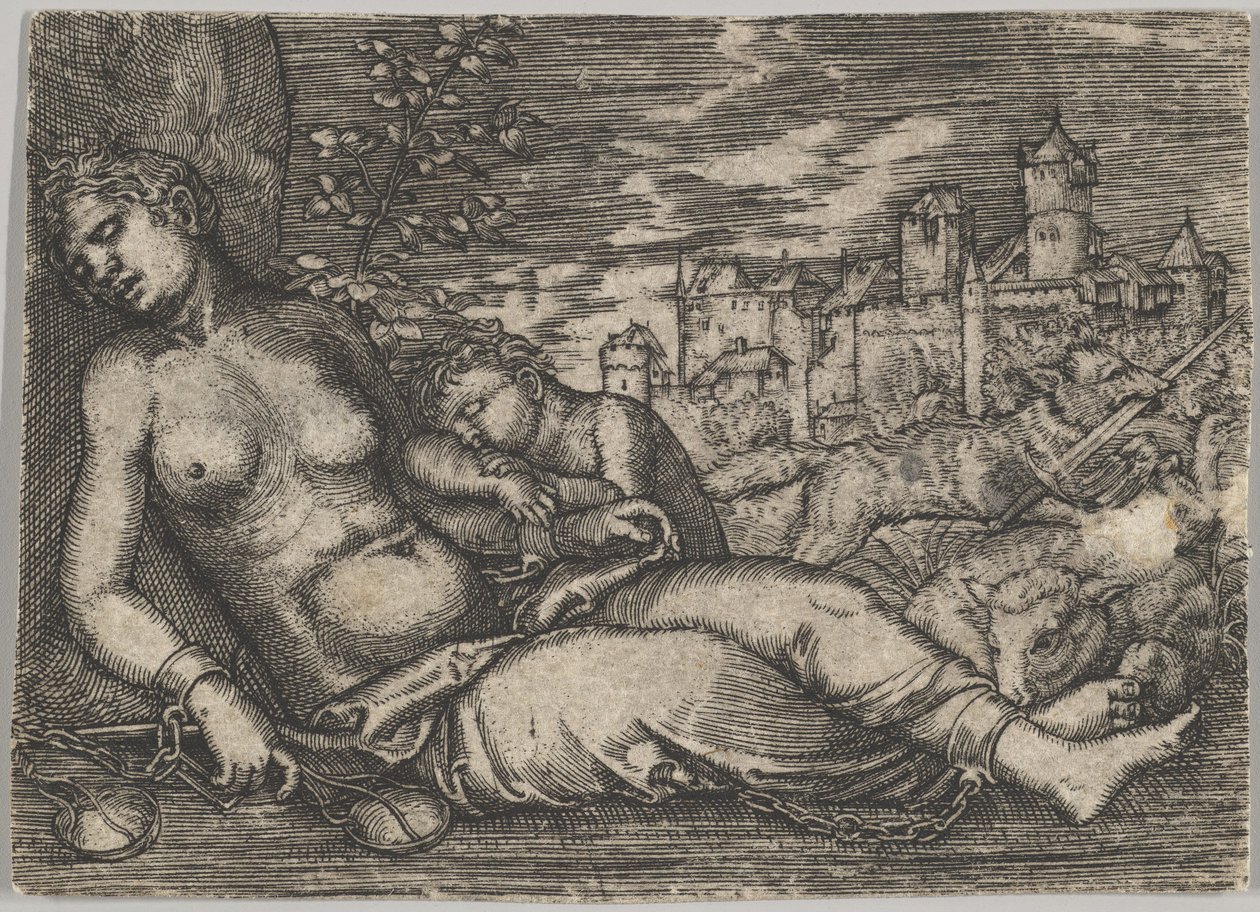 Kopia Der Welt Lauf Sleeping Justice, początek XVI wieku. autorstwa Barthel Beham