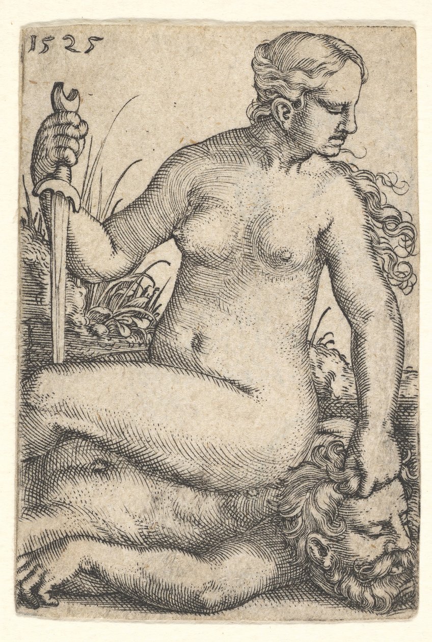 Judyta, patrząc w prawo, siedząca nago na zwłokach Holofernesa, ze św..., 1525. autorstwa Barthel Beham