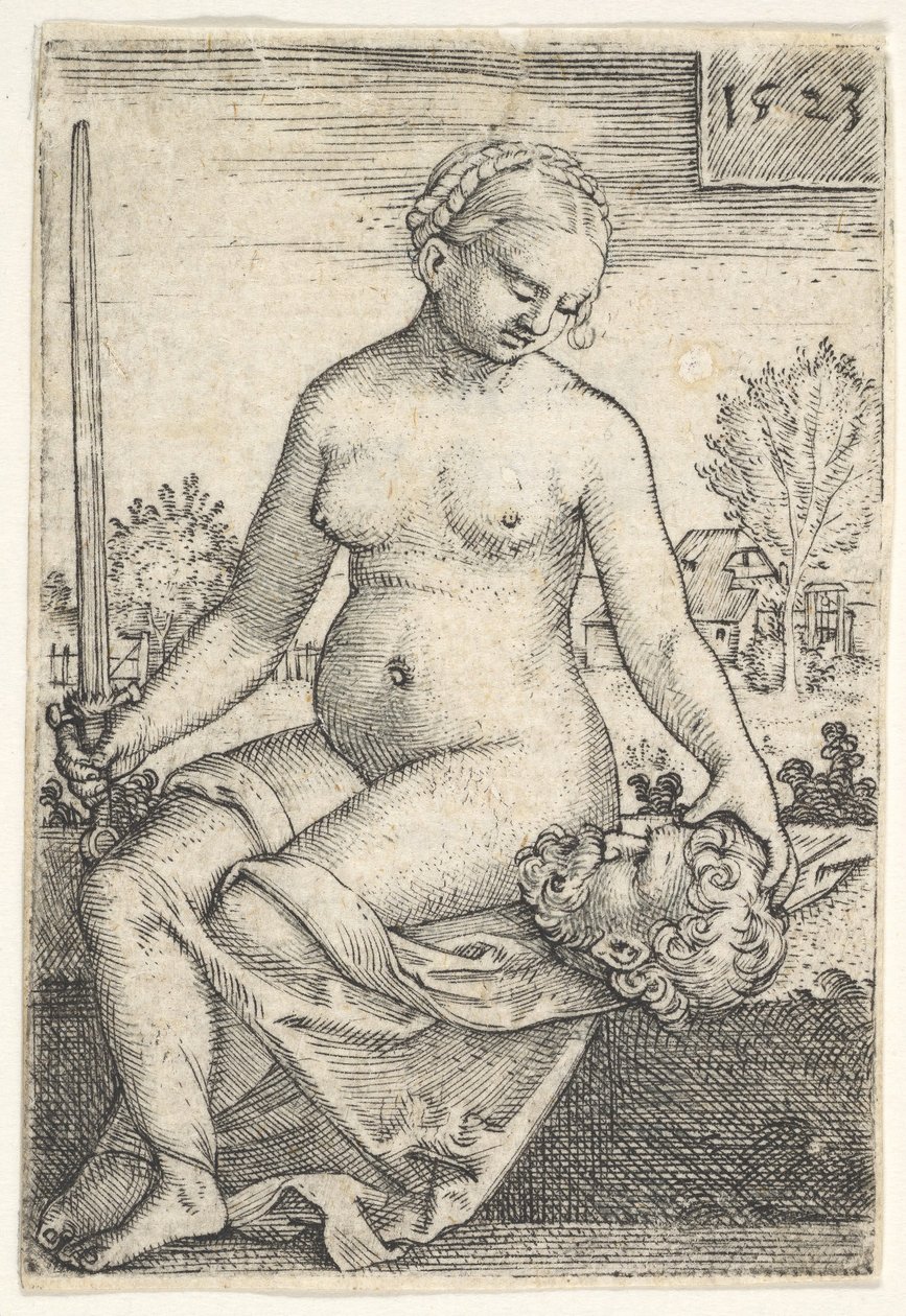 Judyta, siedząca naga z mieczem w prawej ręce, wpatrująca się w głowę Holofernesa..., 1523. autorstwa Barthel Beham