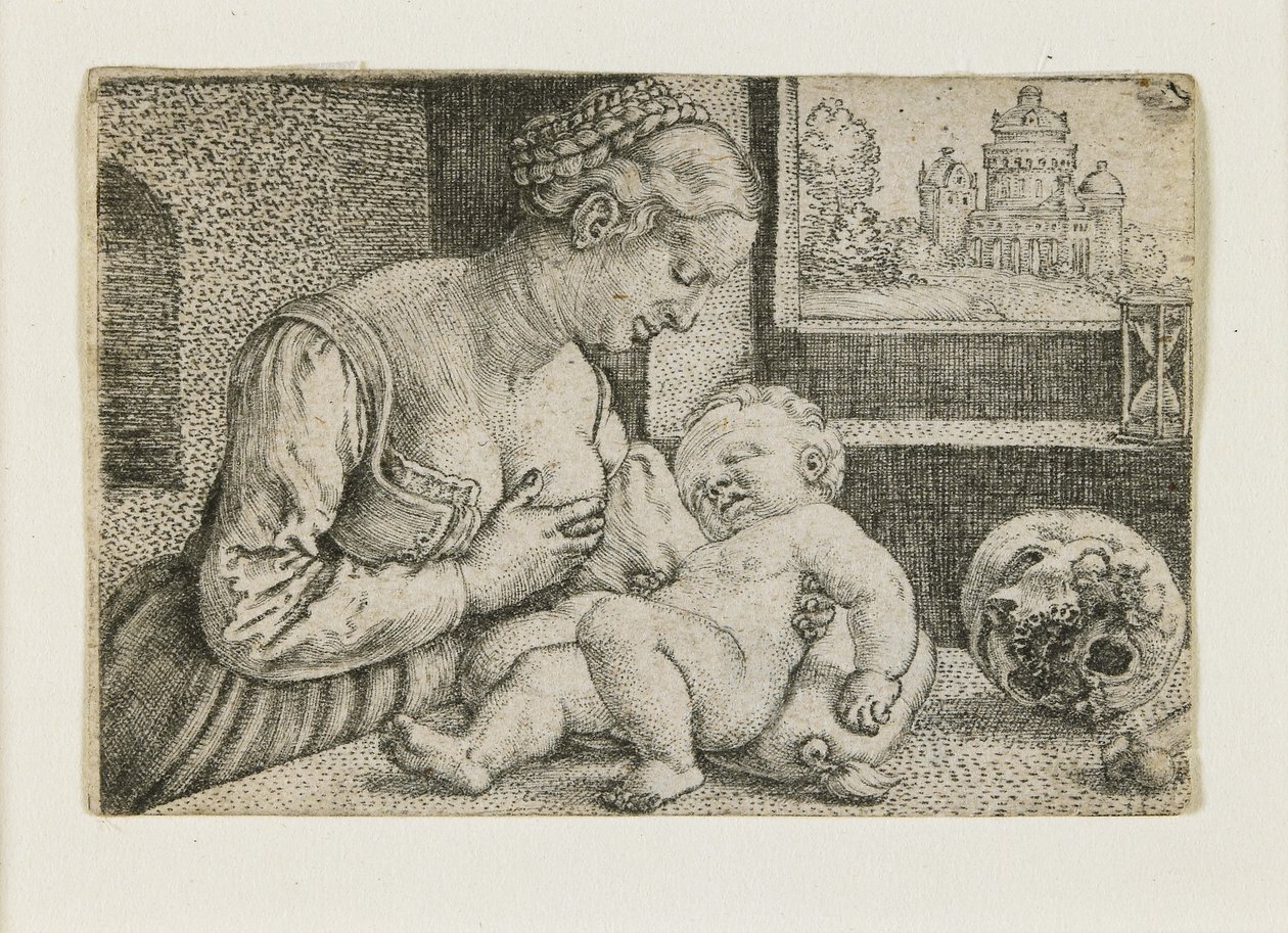 Matka z dzieckiem z czaszką i klepsydrą, ok. 1528-1530 autorstwa Barthel Beham