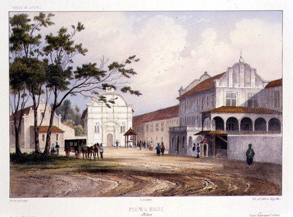 Dom państwa w Malakce , grawerowany przez Alfreda Leona Lemercier, c.1840 (ręcznie kolorowana lito) autorstwa Barthelemy (after) Lauvergne