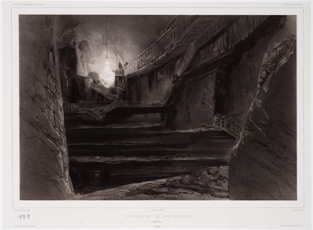 Widok wykonany w kopalniach w Wieliczce, Polska, 20 marca 1840 r., sztychowany przez Sabatiera (podbarwiona litografia) autorstwa Barthelemy after Lauvergne