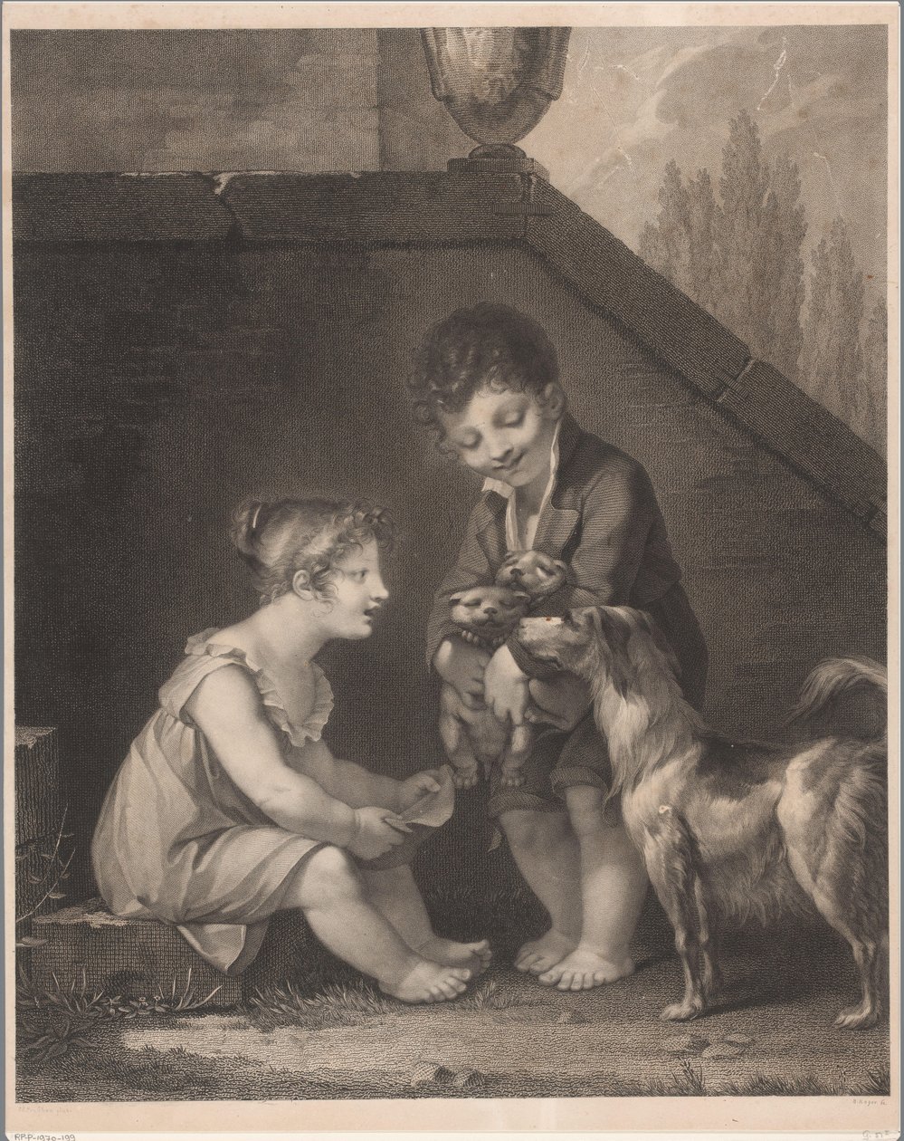 Dwoje dzieci z psami Och, les jolis petits chiens autorstwa Barthélémy Joseph Fulcran Roger