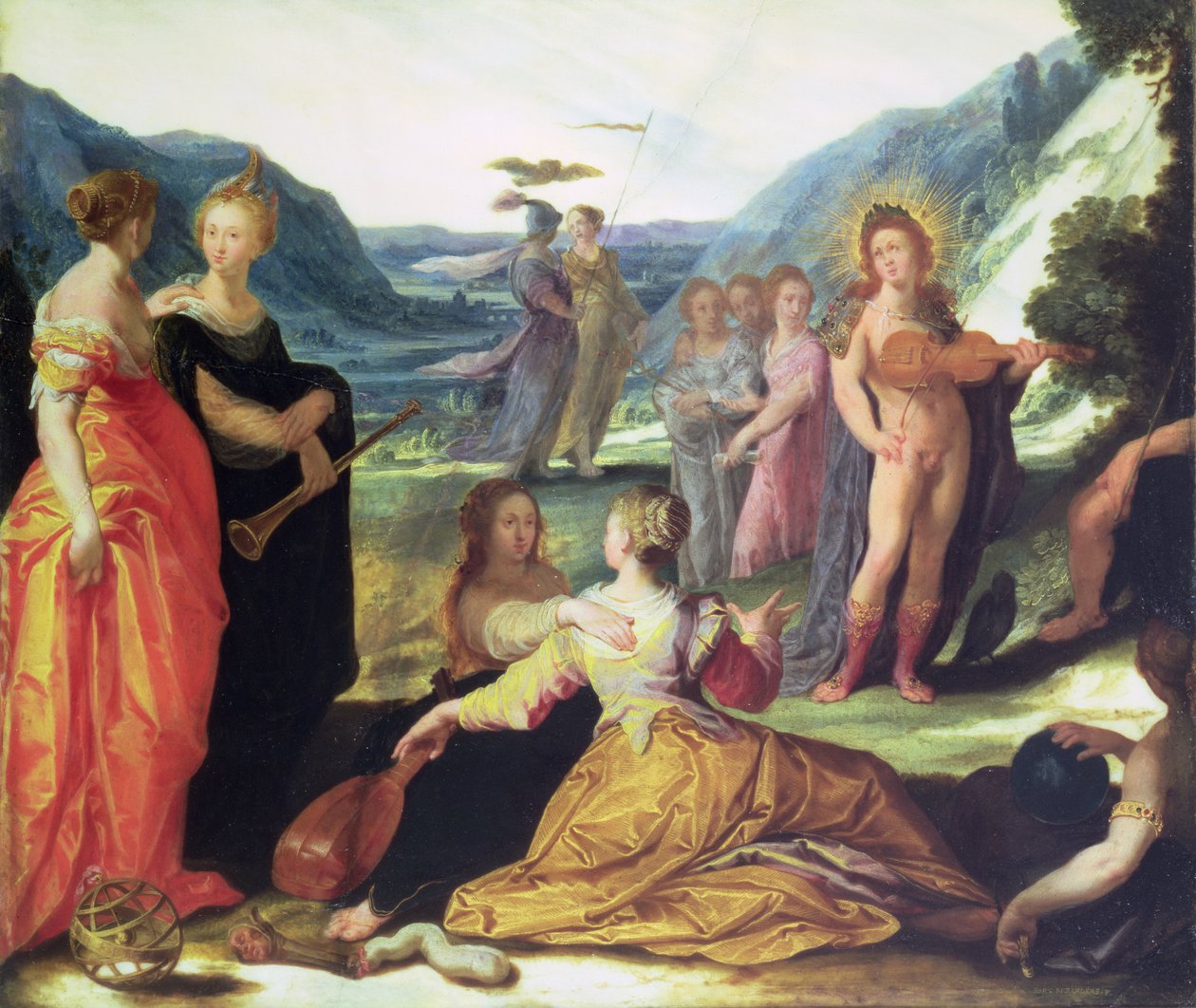 Apollo, Pallas i Muzy, XVI w. (olej na marmurze) autorstwa Bartholomaeus Spranger