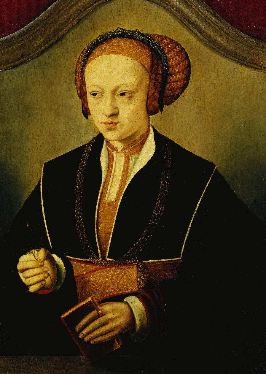 Portret damy, o której mówi się, że jest księżniczką Sybillę z Cleve, do połowy długości, ubrana w czarny kostium, złoty łańcuch i wyszukane nakrycie głowy, trzymająca książkę i pączek róży, autorstwa Bartholomaeus Bruyn