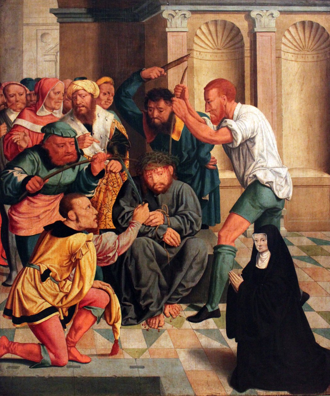 Dornenkrönung Christi mit kniender Benediktinerin als Stifterin Chrystus ukoronowany cierniem z klęczącą mniszką benedyktyńską jako ofiarodawcą autorstwa Bartholomaeus Bruyn the Elder