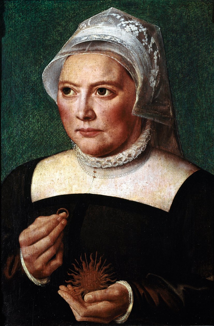 Portret Katarzyny de Bore (Katharina von Bora) (1499-1552), żony Marcina Lutra Trzyma w ręku sojusz i nosi truskawkowy kołnierzyk. Obraz Bartholomaeusa (Barthel) Bruyna Starszego (1493-1555) Chantilly, Conde Museum autorstwa Bartholomaeus the Elder Bruyn