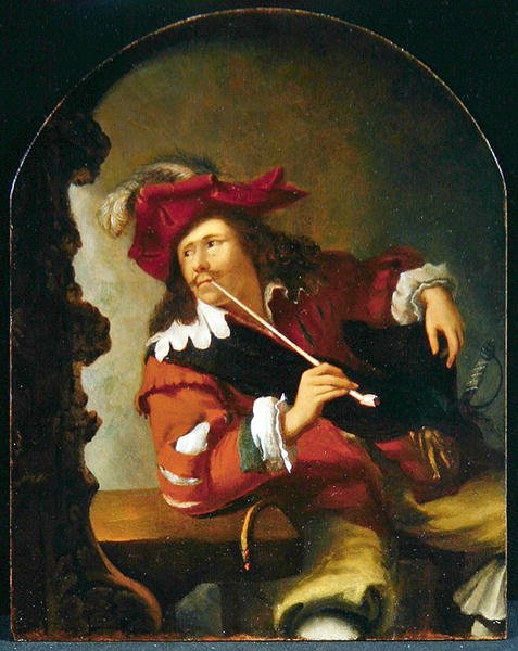 Młody mężczyzna siedzący przy stole i palący fajkę patrząc w lustro (olej na panelu) autorstwa Bartholomaus Maton
