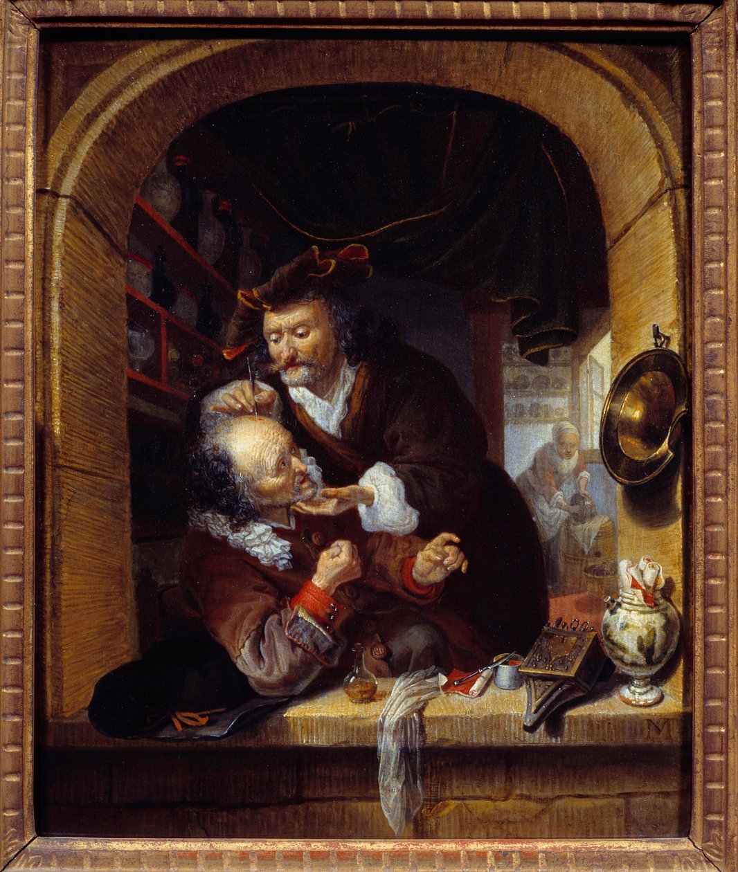 Medycyna: „”lekarz robi niewielkie krwawienie, aby leczyć bóle głowy pacjenta”” Obraz Bartholomeusa Matona (1643-1684) XVII-wieczne Słońce. 0,27x0,21 m Paryż, Musee du Petite Palais autorstwa Bartholomaus Maton