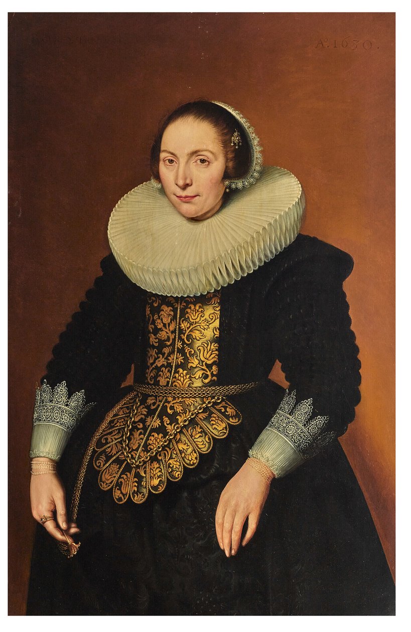 Portret damy, trzy czwarte długości, trzymającej pas autorstwa Bartholomeaus Sarburgh