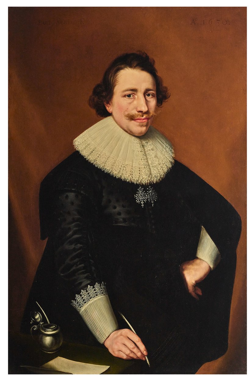 Portret dżentelmena, trzy czwarte długości, trzymającego pióro; autorstwa Bartholomeaus Sarburgh