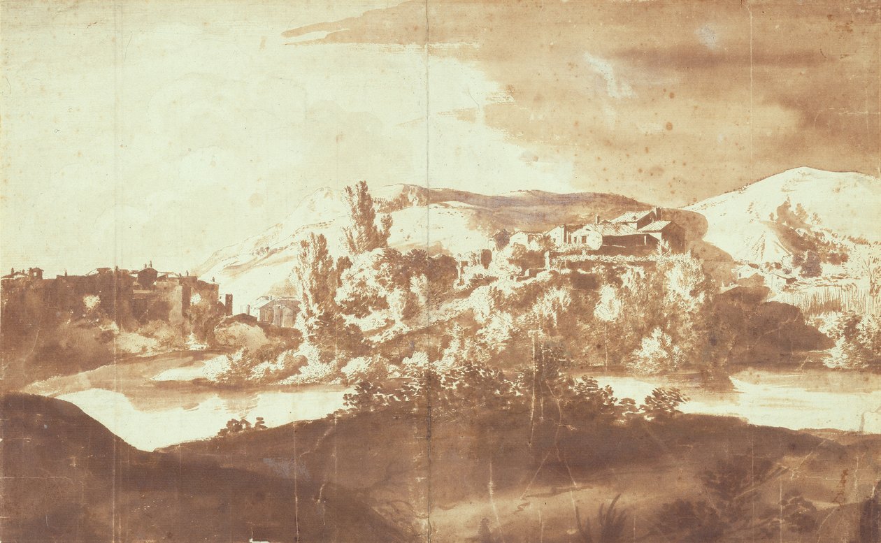 Włoska wioska nad rzeką, ok. 1627 (pióro i atrament z nalotem na graficie na papierze) autorstwa Bartholomeus Breenbergh