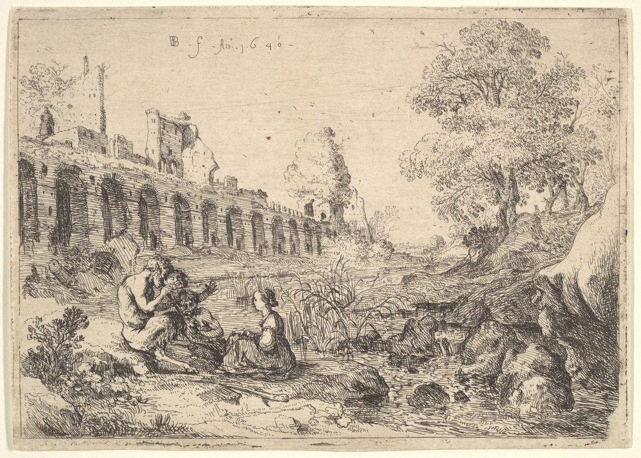 Korsyka siedząca przed satyrami na brzegu rzeki, z pary talerzy dla Battista Gu..., 1640. autorstwa Bartholomeus Breenbergh