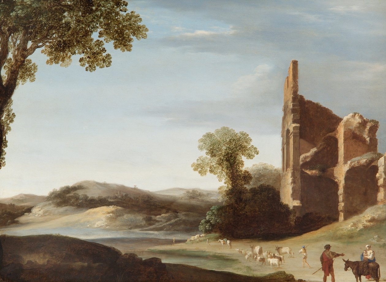 Krajobraz z klasycznymi ruinami i figurami, ok. 1630 r. (olej na miedzi) autorstwa Bartholomeus Breenbergh