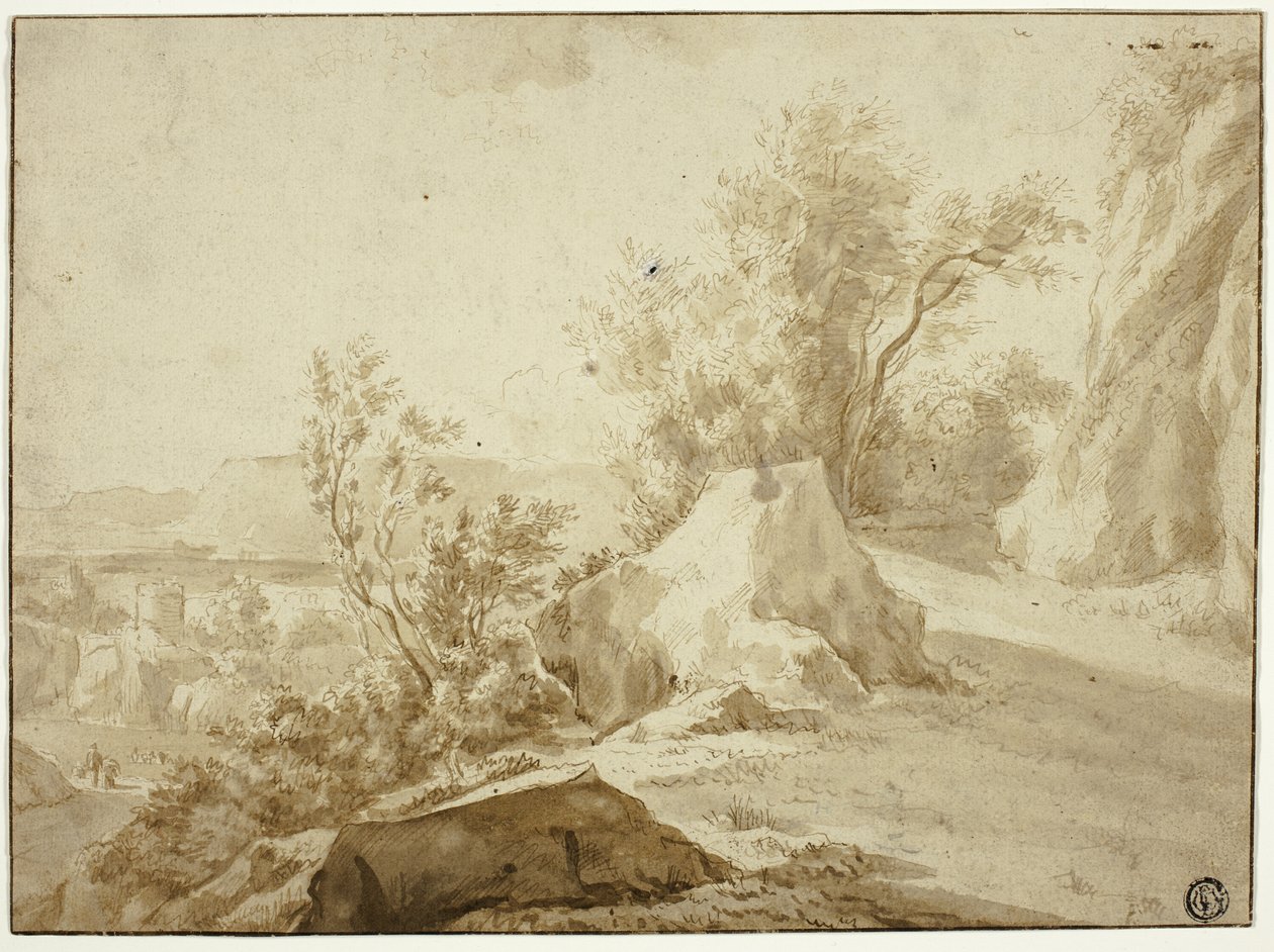 Skały i ścieżka górska, postacie i miasto poniżej autorstwa Bartholomeus Breenbergh