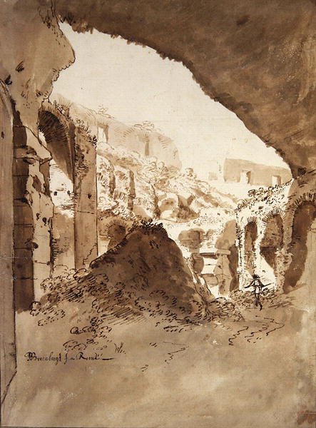 Zobacz wnętrze Koloseum (czarna kreda, długopis i brązowe pranie na papierze) autorstwa Bartholomeus Breenbergh