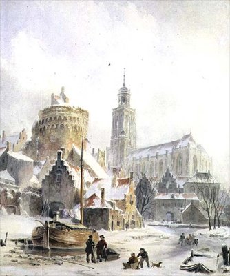 Dzieci bawiące się na zamarzniętej rzece, katedra w Deventer za nią autorstwa Bartholomeus Johannes van Hove