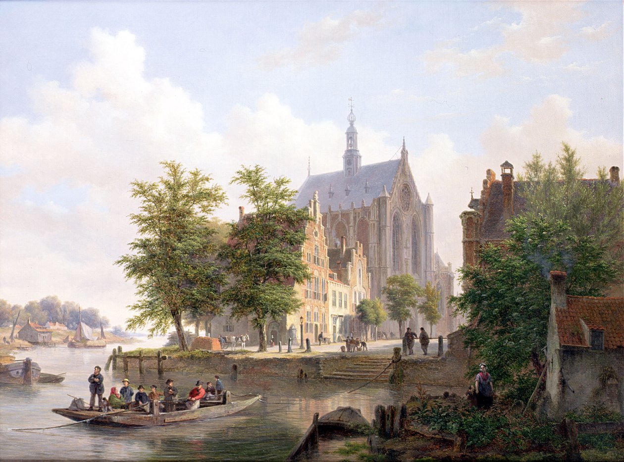 Prom przepływający przez kanał w Haarlemie autorstwa Bartholomeus Johannes van Hove