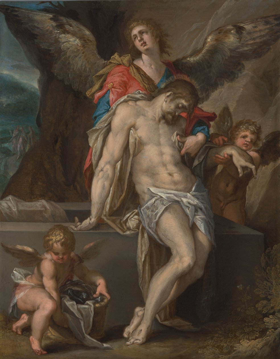 Aniołowie niosą ciało Chrystusa (Angelenpietà) autorstwa Bartholomeus Spranger