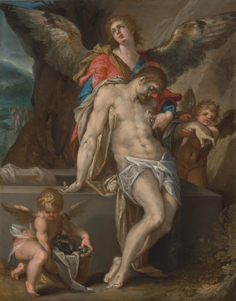 Ciało Chrystusa wspierane przez aniołów autorstwa Bartholomeus Spranger