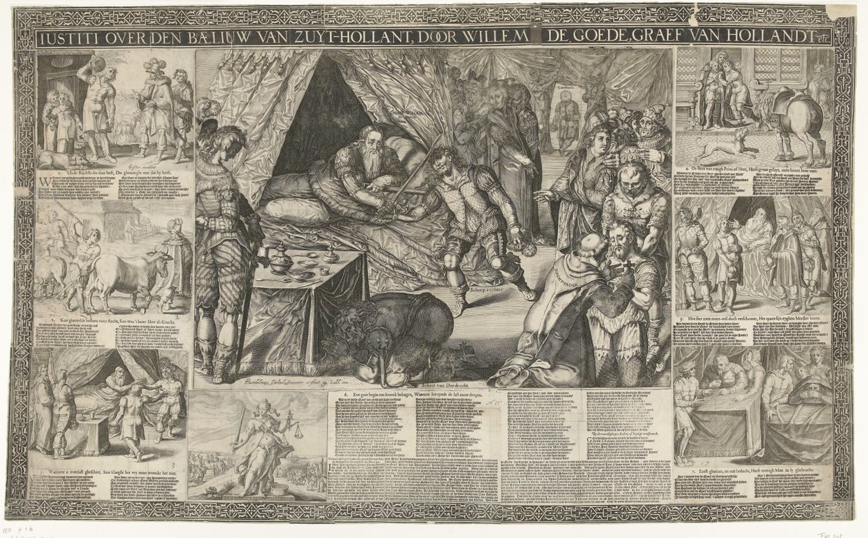 Wyrok hrabiego Willema III na komornika z Holandii Południowej, 1336 Iustiti over den baeliuw van Zuyt-Hollant, Willem de Goede, hrabia van Hollandt itp. (tytuł na obiekcie) autorstwa Bartholomeus Willemsz. Dolendo (signed by artist)