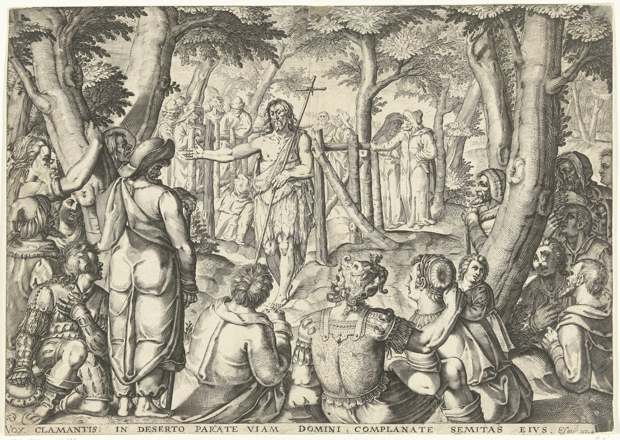 Jan Chrzciciel przemawia do grupy ludzi autorstwa Bartholomeus Willemsz. Dolendo