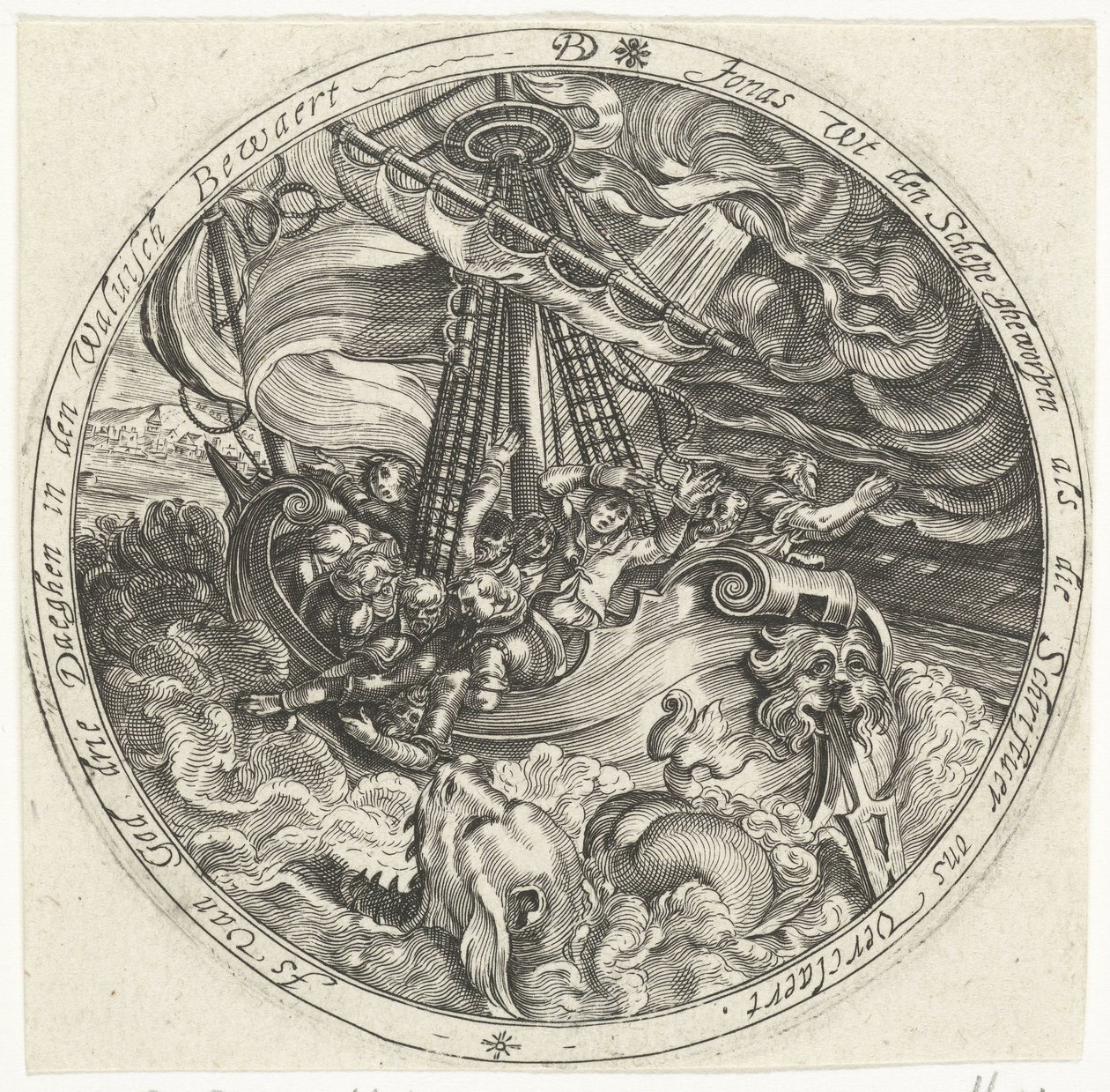 Jonasz zostaje wyrzucony za burtę przez marynarzy autorstwa Bartholomeus Willemsz. Dolendo