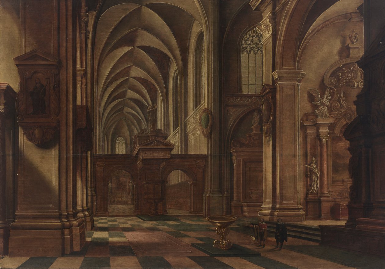 Wnętrze kościoła katolickiego z postaciami i psem przy chrzcielnicy na pierwszym planie autorstwa Bartholomeus van Bassen