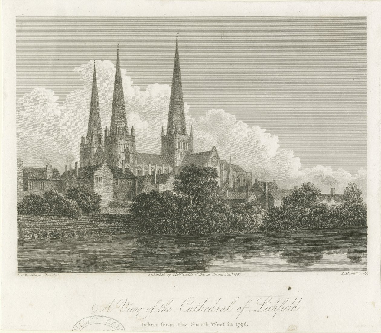 Katedra w Lichfield - widok na południowy zachód: rycina, 1796 autorstwa Bartholomew Howlett