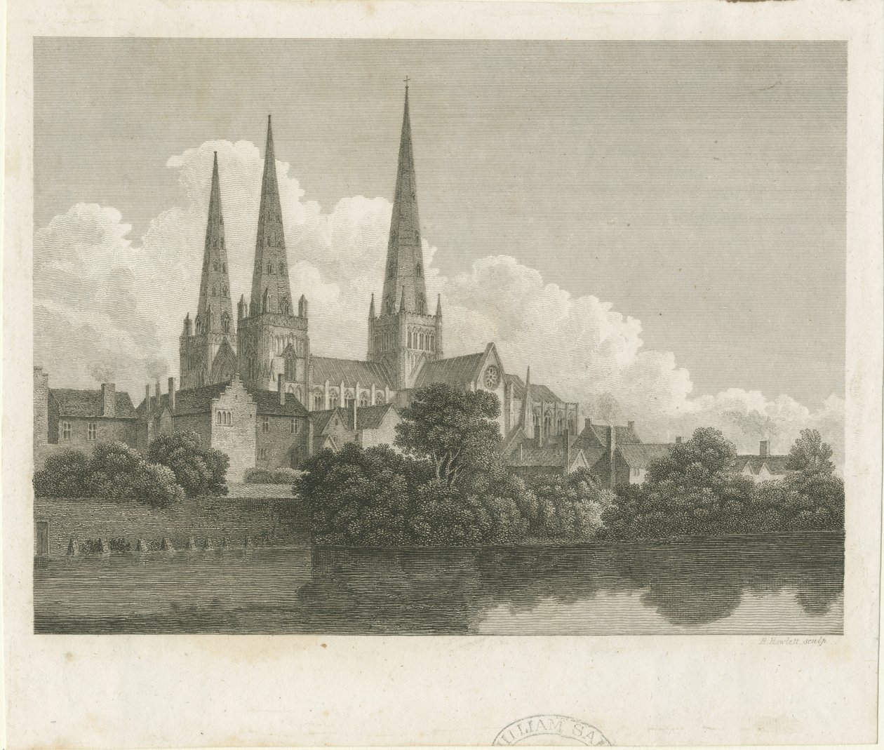 Katedra w Lichfield - widok na południowy zachód: grawerowanie, nd [?1796] autorstwa Bartholomew Howlett