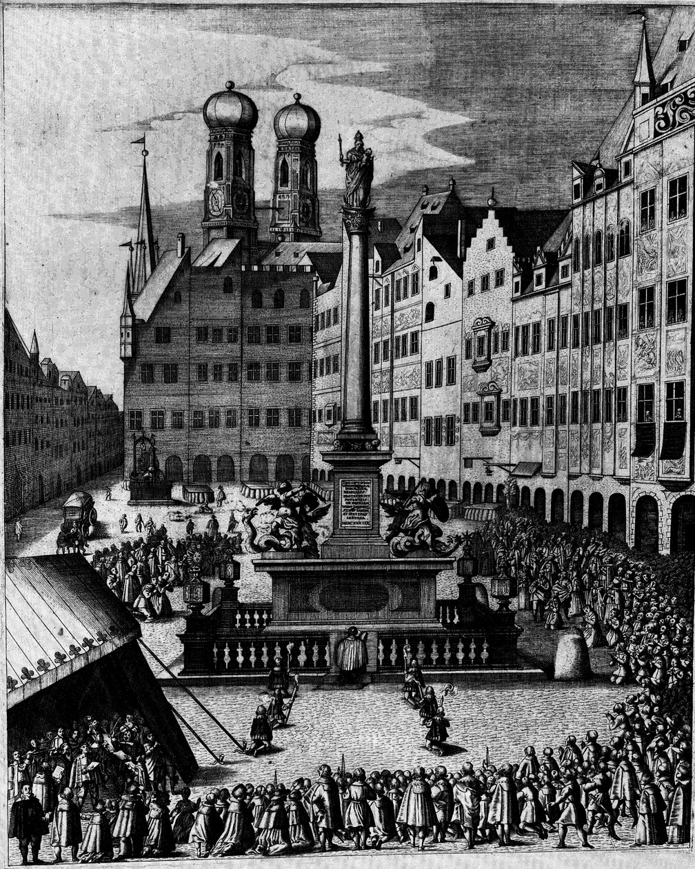 Msza katolicka na Marienplatz w Monachium, wokół filaru maryjnego, symbolu kontrreformacyjnego kultu maryjnego autorstwa Bartholomäus Kilian