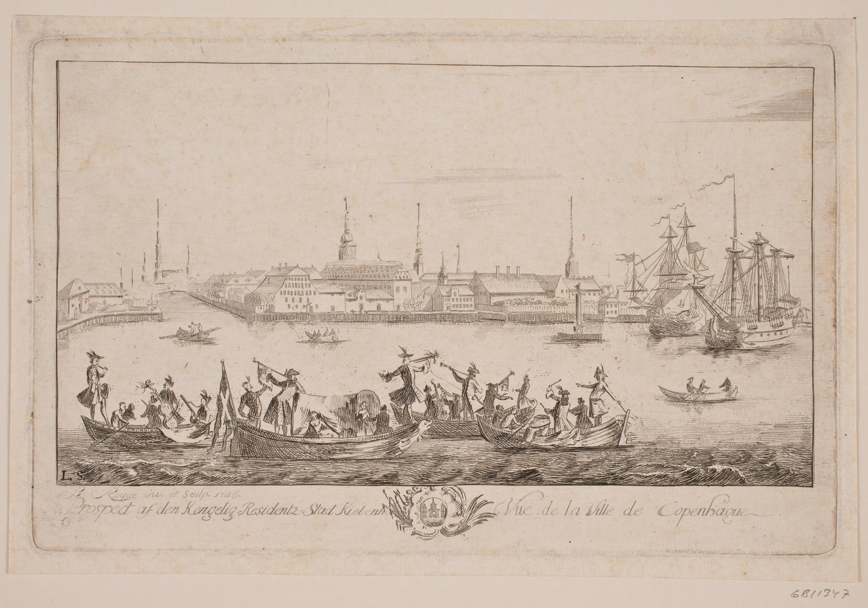 Perspektywa Slotsholmen widziana z jeziora autorstwa Bartholomæus Roque