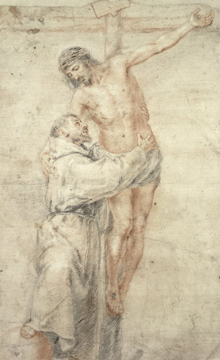 Św. Franciszek odrzucający świat i obejmujący Chrystusa (czerwona i czarna kreda na papierze) autorstwa Bartolomé Esteban Murillo