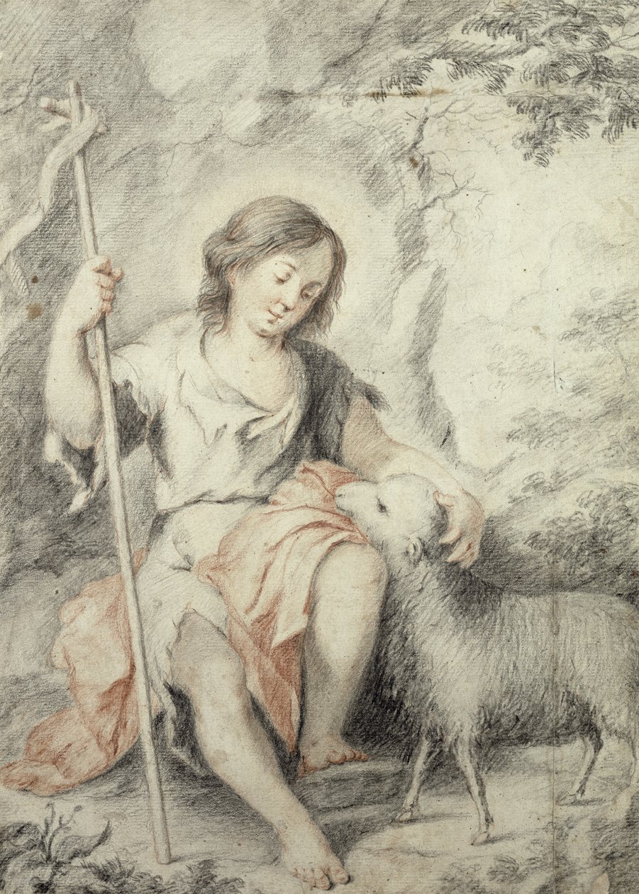Młody Jan Chrzciciel z Barankiem w skalistym krajobrazie (czerwono-czarna kreda na papierze) autorstwa Bartolomé Esteban Murillo