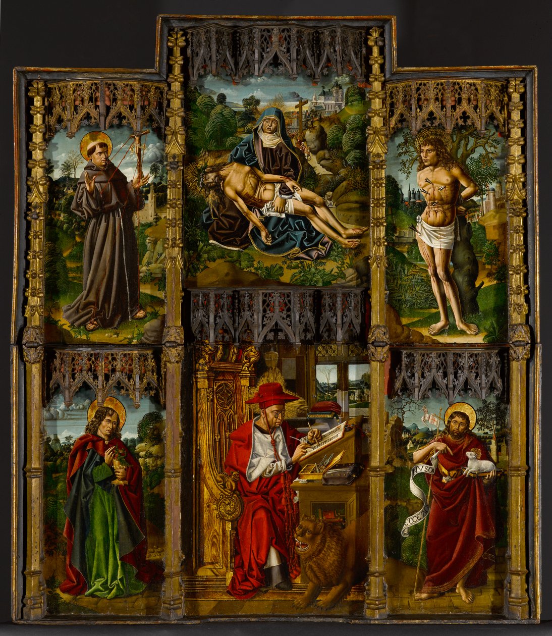 Ołtarz przenośny: Pieta, św. Franciszek, Sebastian, Jan Ewangelista, Hieronim i Jan Chrzciciel, ok. 1500 autorstwa Bartolomé Bermejo