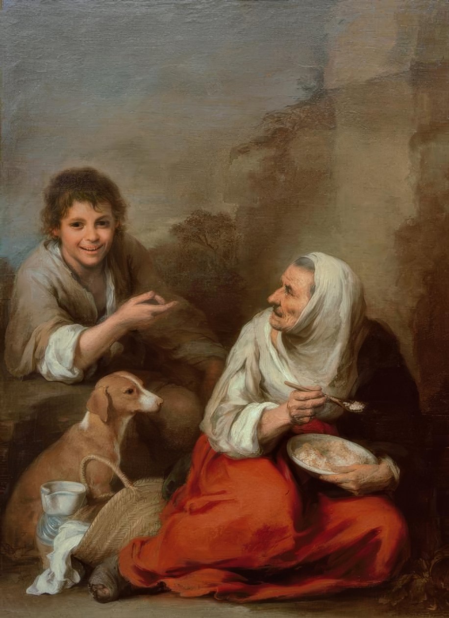 Stara kobieta, wyśmiewana przez chłopca autorstwa Bartolomé Esteban Murillo