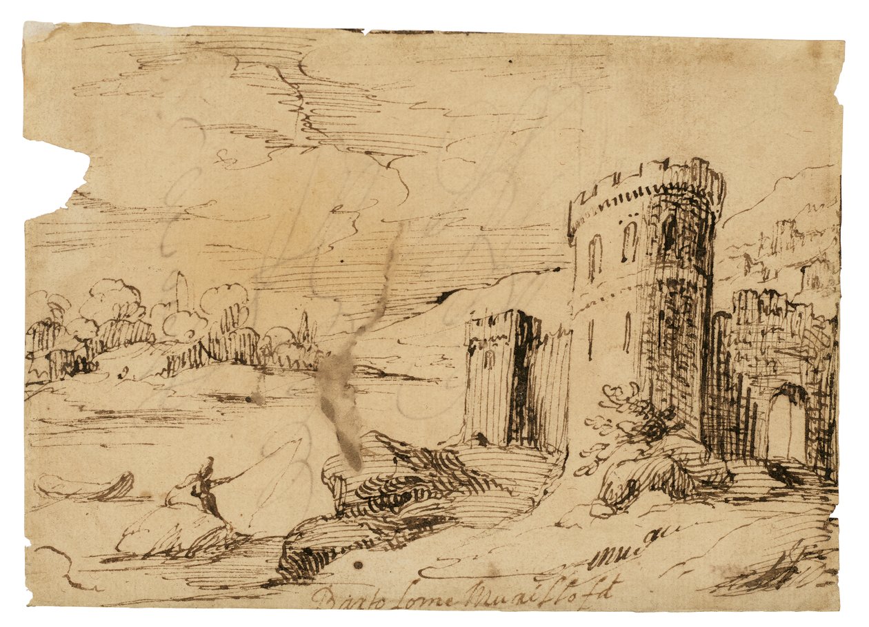 Krajobraz rzeczny z rybakiem w pobliżu zamku autorstwa Bartolomé Esteban Murillo