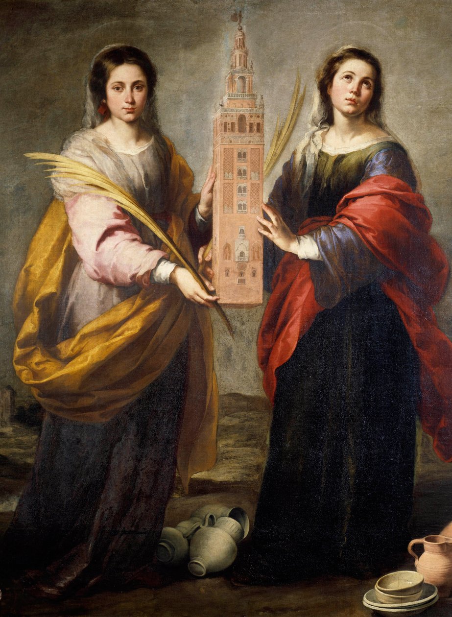 Święci Juste i Rufin (lub Rufin) Patronki miasta Sewilli, niosą Giralda, dawny minaret Wielkiego Meczetu, który stał się z dzwonnicy katedry w Sewilli - Obraz Bartolome