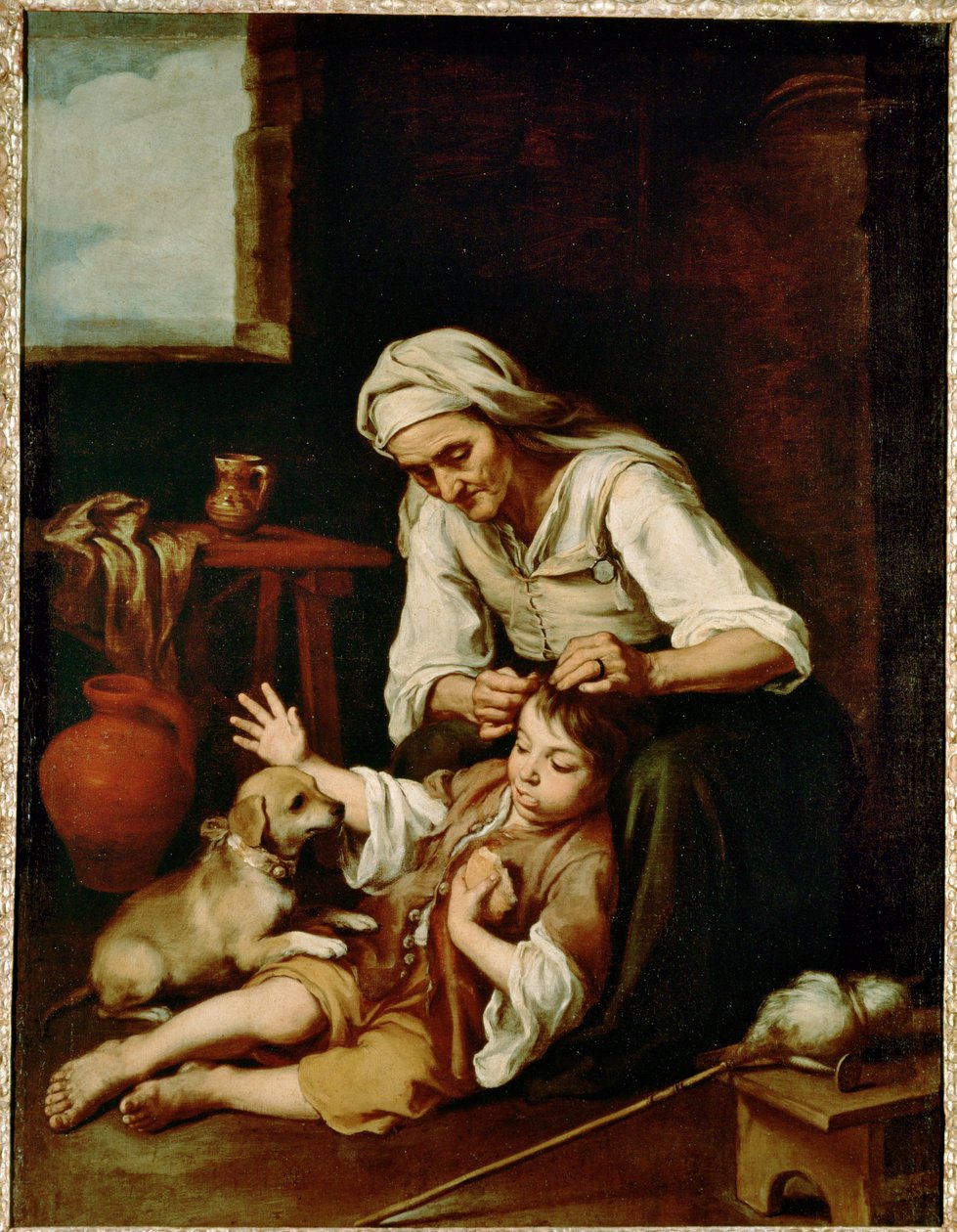 Vieja espulgando a un nino - stara kobieta myjąca włosy chłopcu ... (obraz na płótnie) autorstwa Bartolomé Esteban Murillo